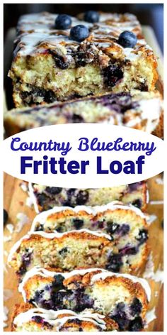 blueberry fritter loaf is cut into slices and ready to be eaten