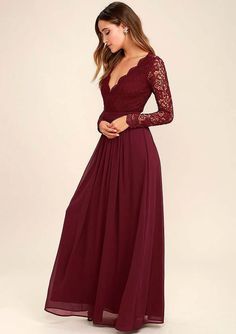 Burgundy Chiffon Long Lace Sleeve Backless Wedding Party Bridesmaid Dr - Princessly Long Sleeve Lace Maxi Dress, Vestidos Color Vino, Lace Top Wedding, Sukienki Maksi, Long Sleeve Bridesmaid Dress, Dresses Club, Long Sleeve Prom, Wedding Vision, Burgundy Prom Dress