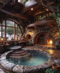 an indoor hot tub in the middle of a room with stone walls and flooring