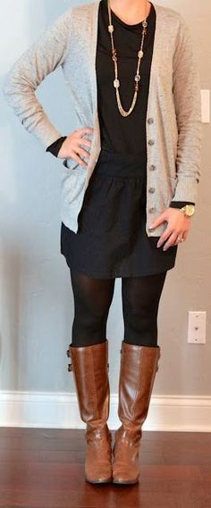 teacher talk: outfits You'd have to do leggings not tights. Too see-through for the dress code. Cardigan Over Dress, Skirt Diy, Teaching Outfits, Looks Street Style, Boots Womens, Business Outfit, Business Casual Outfits, Fashion Mode