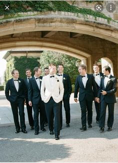 a group of men in tuxedos walking under an arch