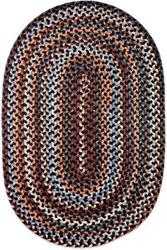 an oval rug with multicolored braiding on the bottom and black, brown, blue