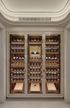 an empty wine cellar with many bottles in the door and shelves full of wine glasses