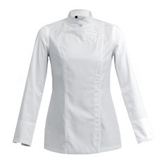 FAVE Clement Design Women's Customized Chef Jacket Sienne Fitted White Blazer With Stand Collar, White Fitted Blazer With Stand Collar, Fitted Long Sleeve Outerwear With Button Cuffs, Professional Long Sleeve Formal Outerwear, Formal Long Sleeve Professional Outerwear, Fitted Stand Collar Business Outerwear, Fitted Outerwear With Stand Collar For Business, Fitted Business Outerwear With Stand Collar, Fitted Business Outerwear With Long Sleeves