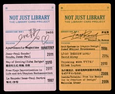 two fake library id cards with writing on them