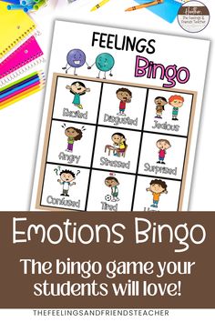 emotions bingo game for students to practice feelings and feelings in the classroom with text overlay