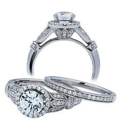 two wedding rings with diamonds on them, one in white gold and the other in silver