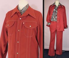 Classic Leisure Suit by Levi's Panatela Rust 1960s 1970s Jacket Pants Orange w/White Stitching Size 43 44 Levi's