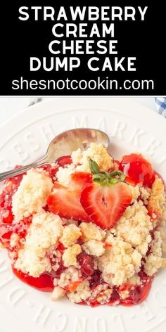 strawberry cream cheese dump cake on a white plate with a spoon in it and text overlay