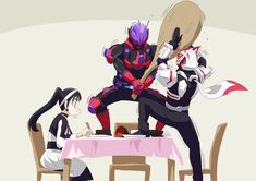 two anime characters sitting at a table with one holding a paddle and the other standing up