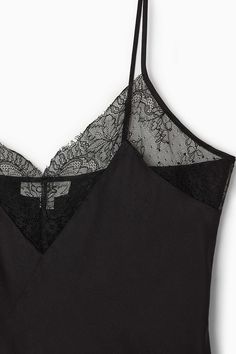 LACE-TRIMMED SILK-BLEND CAMI TOP - BLACK - Tops - COS V-neck Satin Camisole With Lace Trim, Elegant Lace Patchwork Cami Top, Fitted Satin Tops With Lace Trim, Fitted Satin Top With Lace Trim, Fitted Lace Top With Spaghetti Straps And Contrast Lace, Elegant Lace Tops With Lace Closure, Elegant Summer Camisole With Contrast Lace, Elegant Fitted Camisole With Lace Closure, Elegant Cami Top With Contrast Lace