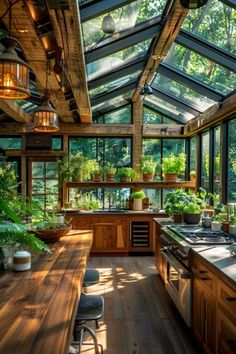 a kitchen filled with lots of green plants and wooden counters under a glass ceilinged area