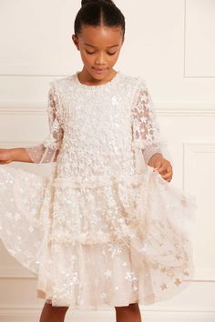 Long Sleeve Kids Dress, Stars And Constellations, Full Tulle Skirt, Dress Champagne, Voluminous Sleeves, Long Sleeve Kids, Needle Thread, Rainbow Kids, Girly Stuff