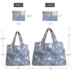 two bags are shown with the measurements for each bag and one has an animal print on it