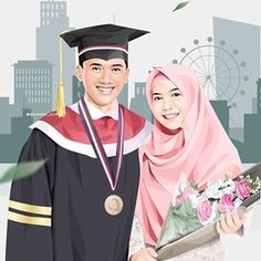 a man and woman in graduation gowns are holding flowers with the city skyline behind them