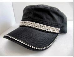 Black Cadet Hat with rhinestone bling at www.etsy.com/shop/goldendreamfinds Black Leather Hat, Light Up Dresses, Sparkle Ball, Peaked Cap, Ball Caps, Leather Hats, Ball Cap