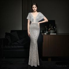 Lasaky - Elegant Fish Tail Evening Gown with Embellished Beading - Perfect for Hosting Formal Events, Weddings, and Functions Baju Kahwin, Fishtail Maxi Dress, Backless Evening Dress, Deep V Neck Dress, Mermaid Sequin, Gold Sequin Dress, Fish Tail, Women's Evening Dresses, Silver Dress