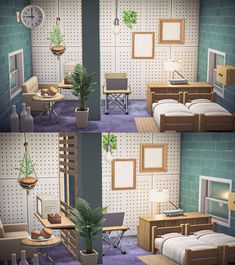 three different shots of a bedroom with blue tile walls and flooring, including a bed