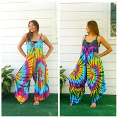 "Comfortable Tie Dye Hippie Jumpsuits Rompers Pants, Hippie Dress, Wide Legs Jumpsuits, Festival Clothings, Summer Clothing, Harem Dress, Beach Wear 👉One-of-a-kind hand dyed rompers 👉Fabric: 100% Soft and Breathable Rayon 👉Adjustable Tie shoulders 👉Boho/Hippie /Festival/Beach/Tropical/Fancy/UniqueTheme 👉Jumpsuit Length: 48\" 👉Straps Length: 19\" 👉Bust up to 55\" 👉Hip up to 60\" 👉 Tie Dye Method 👉The back is identical to front pattern 👉Flowy open legs 👉One Size Fits S-XL 👉Extremely c Multicolor Overall Jumpsuits And Rompers For Vacation, Multicolor Overall Jumpsuit For Vacation, Sleeveless Tie Dye Jumpsuits And Rompers For Summer, Multicolor Overalls Jumpsuit For Vacation, Bohemian Flowy Sleeveless Jumpsuits And Rompers, Bohemian Flowy Sleeveless Jumpsuit/romper, Bohemian Sleeveless Flowy Jumpsuit, Bohemian Flowy Sleeveless Jumpsuit, Flowy Sleeveless Bohemian Jumpsuit/romper