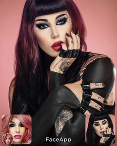 a woman with long black hair and tattoos on her arm, wearing leather gloves while holding her hand to her face