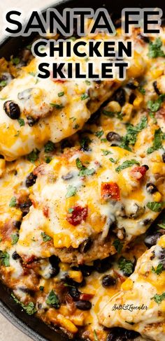 a skillet filled with chicken, black beans and cheese