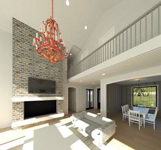 a living room filled with furniture and a large chandelier hanging from the ceiling