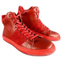 BADGLEY MISCHKA "Teddy" sneakers in a red leather featuring a high top style, suede side stripes, and lace-up closure. New without Box. Marked: BA3080H 10Outsole: 11.5 inches x 4 inches Sui Generis Reference: 132933 Category: Sneakers More Details Brand: BADGLEY MISCHKA Gender: Male Size: 10 Color: Red Fabric: Leather Condition: 2. New without Box / Tags Age Group: Adult Vintage Loafers, Christian Louboutin Sneakers, Lucite Heels, Red Studs, Wedges Style, Leather High Tops, Pink Suede, Studded Leather, Badgley Mischka