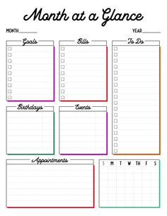 a printable planner with the words, month at a glance and months to do list