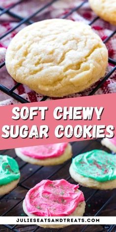 soft chewy sugar cookies are cooling on a rack with pink and green frosting