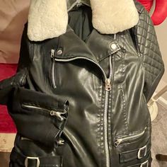 Black Leather Moto Jacket With Detachable Fur Collar. Zippers On Sleeves. Size 8 But Runs Small. Waist Length. Brand New. No Tags. Never Worn.Too Snug. Great For Christmas. Winter Biker Outerwear With Zipper Closure, Trendy Long Sleeve Outerwear For Biker Events, Moto Style Winter Outerwear With Padded Collar, Winter Moto Outerwear With Padded Collar, Winter Moto Style Outerwear With Padded Collar, Winter Moto Outerwear With Zipper Closure, Fall Outerwear With Padded Collar For Biker Events, Trendy Biker Jacket With Zipper For Cold Weather, Casual Biker Jacket With Zipper Closure For Cold Weather