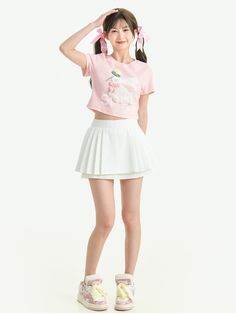 This cute and charming t-shirt features a lovely bunny design, making it a perfect addition to any kawaii or lolita wardrobe. The bowknot and flower detail add an extra touch of sweetness.  Please note that this product includes only one T-shirt.  Garment Size   	 		 			Size 			S 			M 			L 		 		 			Full Length 			37 			38.5 			40 		 		 			Bust 			77 			81 			85 		 		 			Shoulders 			33.5 			34.5 			35.5 		 		 			Sleeve Length 			15.5 			16 			16.5 		 		 			Hem Circumference 			70 			74 			78 		 		 			Cuff 			29 			30.3 			31.6 Cute White T-shirt With Bunny Design, White Kawaii Tops For Spring, Cute Bow T-shirt For Spring, Cute Cotton Tops With Bunny Design, Cute Cotton Top With Bunny Design, Cute White Top With Bow, Cute White Top With Bow Detail, Playful Spring Tops With Cute Design, Playful Bunny Design Tops For Spring