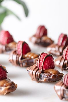 chocolate covered desserts with raspberries on top