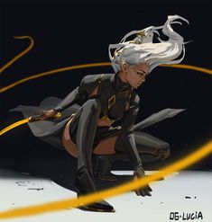 an image of a woman with white hair in the air and yellow lines around her