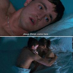 two pictures of the same person in bed and one with his shirt off, while another has