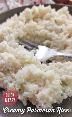 A simple side dish recipe for creamy rice with garlic, butter and parmesan cheese. Like risotto but easy! Rice Cream Recipe, Creamy Parmesan Rice, Parmesan Rice, Brown Rice Recipes, Creamy Rice, Rice Side Dishes, Creamy Parmesan