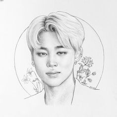 a pencil drawing of a person with blonde hair and flowers on the back of their head