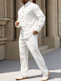 Men's Solid Color Button-Up Shirt And Pants Suit, Minimalist White Casual    Plain  Non-Stretch All Men Clothing, size features are:Bust: ,Length: ,Sleeve Length: Beach Wedding Groom Attire Casual, All White Mens Outfit, Beach Wedding Groom Attire, All White Party Outfits, Casual Groom Attire, White Party Outfit, Linen Outfit, White Dress Shoes