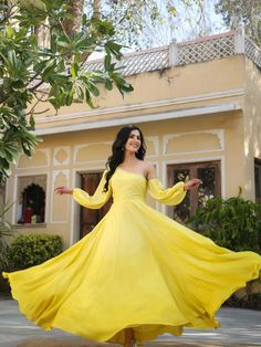 Yellow Viscose Muslin Hand Work Ombre Gown Semi-stitched Long Sleeve Evening Gown, Semi-stitched Long Sleeve Gown For Evening, Anarkali Gown With Long Sleeves For Evening, Traditional Long Sleeve Evening Gown, Traditional Long Sleeve Yellow Gown, Elegant Long Sleeve Yellow Gown, Yellow Maxi Party Sets, Yellow Maxi Length Party Sets, Festive Long Sleeve Georgette Maxi Dress