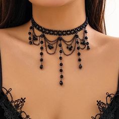 Black Crystal Water Drop Choker Necklace - SHExFAB Black Pearl Choker, Witch Costume Aesthetic, Black Choker Necklace, Crystal Water, Choker Style Necklace, Neck Choker, Witch Costume, Oc Ideas, Black Choker