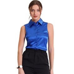 This sleeveless satin shirt is a great must-have for work or weekends. This summery button-up shirt is the top you'll wear on repeat thanks to its soft satin fabric and sleeveless design. It is perfect to pair with suit pants for a business look. Suitable for summer and many occasions, such as Office, Business, Meeting, Career, Ceremony, Formal, Work, Weekend Gathering, Daily Wear, etc. Elegant Sleeveless Shirt For Workwear, Satin Sleeveless Blouse For Work, Sleeveless Satin Blouse For Work, Sleeveless Summer Office Tops, Summer Satin Blouse With Button Closure, Sleeveless Summer Top For Office Wear, Summer Satin Button-up Shirt, Sleeveless Office Top With Button Closure, Summer Button-up Satin Blouse