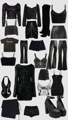 a bunch of different types of clothes and shoes in black, white and silver colors