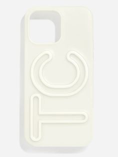 a white phone case with an image of the letter s on it, against a gray background