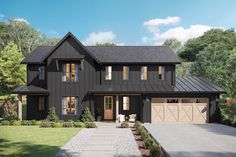 this is an artist's rendering of the front elevation of a modern farmhouse style home