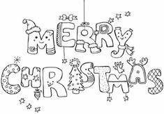 merry christmas coloring page with the word merry written in large letters and decorations around it