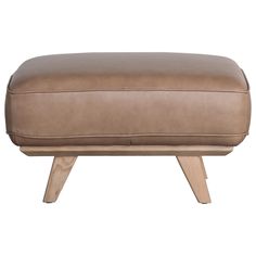 the footstool is made out of wood and has a tan leather cushion on it