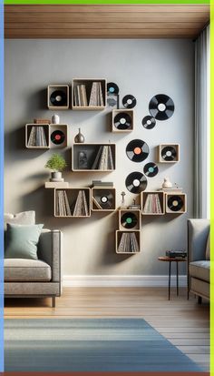 a living room filled with furniture and lots of record player's on the wall