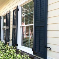 two windows with shutters on each side of the house and bushes in front of them