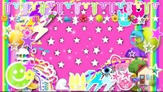 a pink background with stars and other items