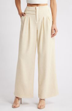 Crisp pleats put a professional spin on these airy wide-leg pants complete with adjustable straps at the waist to perfect the fit. Zip fly with hook-and-bar closure Front slant pockets Lined 89% polyester, 8% linen, 3% elastane Dry clean Imported Summer Wide Leg Pants With Belt Loops, Beige Wide Leg Pants With Belt Loops, Summer Beige Wide Leg Pants With Belt Loops, Beige Wide Leg Pants With Belt Loops For Summer, Luxury Beige Wide Leg Pants With Elastic Waistband, Non-stretch Wide Leg Bottoms With Side Pockets, Cream Wide-leg Bottoms With Pockets, Cream Wide Leg Non-stretch Bottoms, Yellow Wide-leg Pants With Elastic Waistband