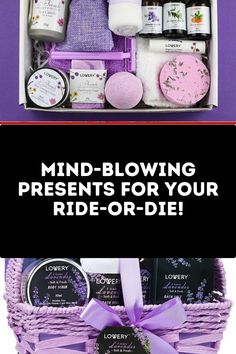 a purple basket filled with lots of different items and the words mind - blowing presents for your ride - or - ride